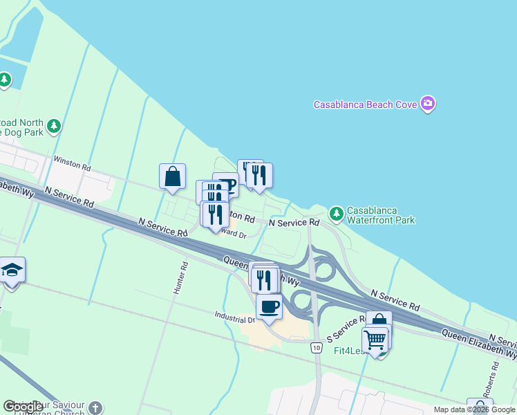 map of restaurants, bars, coffee shops, grocery stores, and more near 10 Esplanade Lane in Grimsby