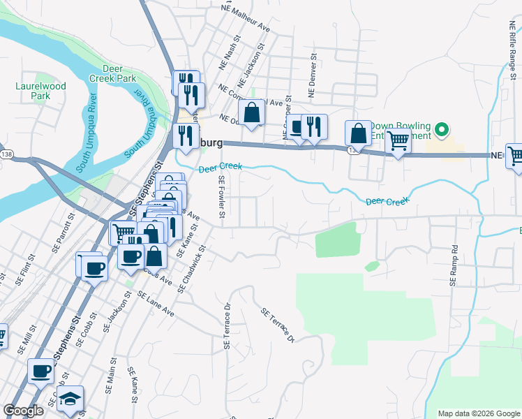 map of restaurants, bars, coffee shops, grocery stores, and more near 339 Southeast Ella Street in Roseburg