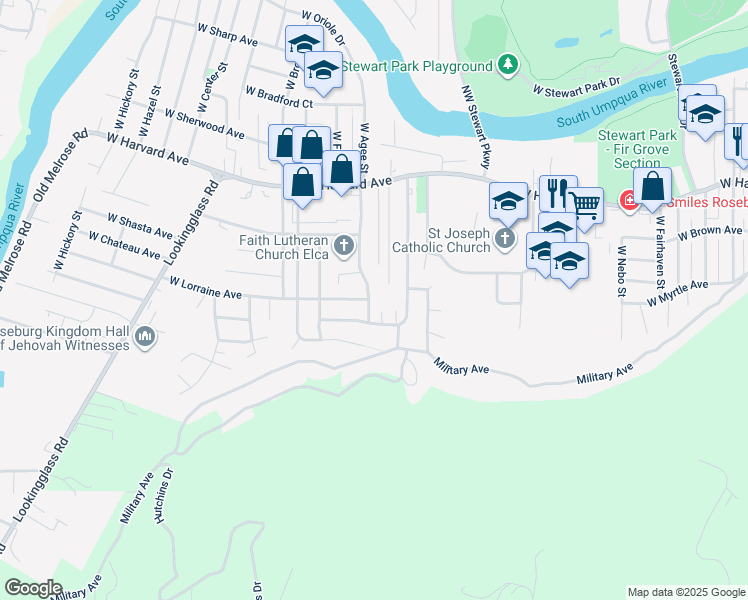map of restaurants, bars, coffee shops, grocery stores, and more near 1025 West Kenwood Street in Roseburg