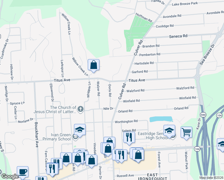 map of restaurants, bars, coffee shops, grocery stores, and more near 90 Doris Road in Irondequoit