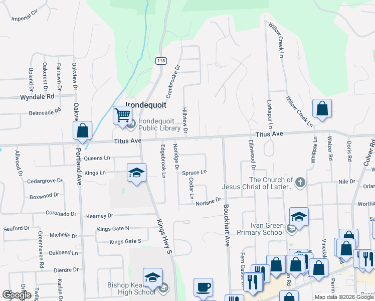 map of restaurants, bars, coffee shops, grocery stores, and more near 161 Spruce Lane in Rochester