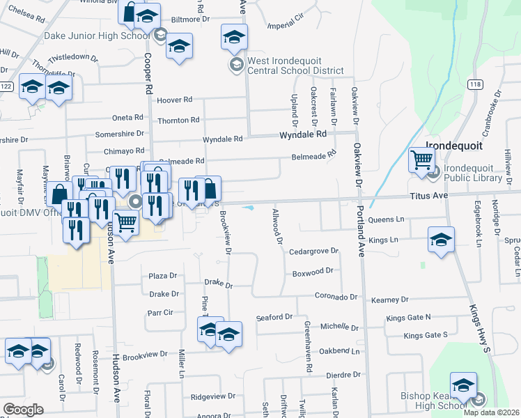 map of restaurants, bars, coffee shops, grocery stores, and more near 919 Titus Avenue in Rochester