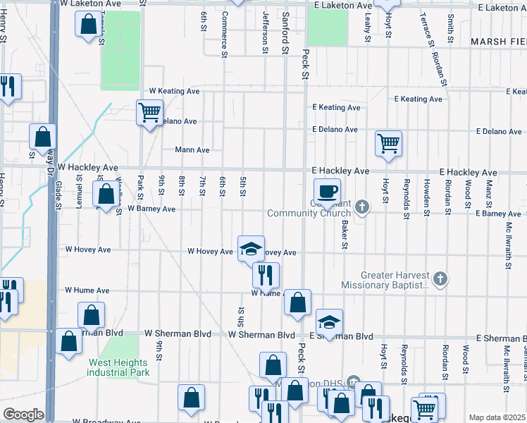 map of restaurants, bars, coffee shops, grocery stores, and more near 2300 Jefferson Street in Muskegon Heights