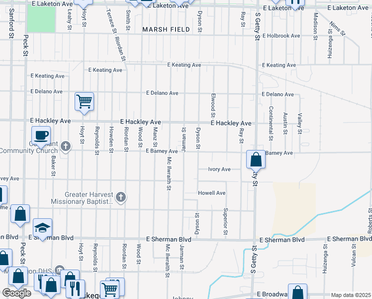 map of restaurants, bars, coffee shops, grocery stores, and more near 550 East Barney Avenue in Muskegon Heights