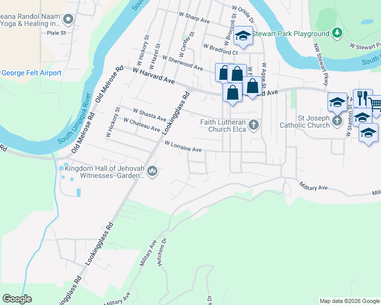 map of restaurants, bars, coffee shops, grocery stores, and more near 1001 Harris Hills Drive in Roseburg