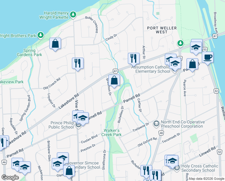 map of restaurants, bars, coffee shops, grocery stores, and more near 20 Bradmon Drive in St. Catharines