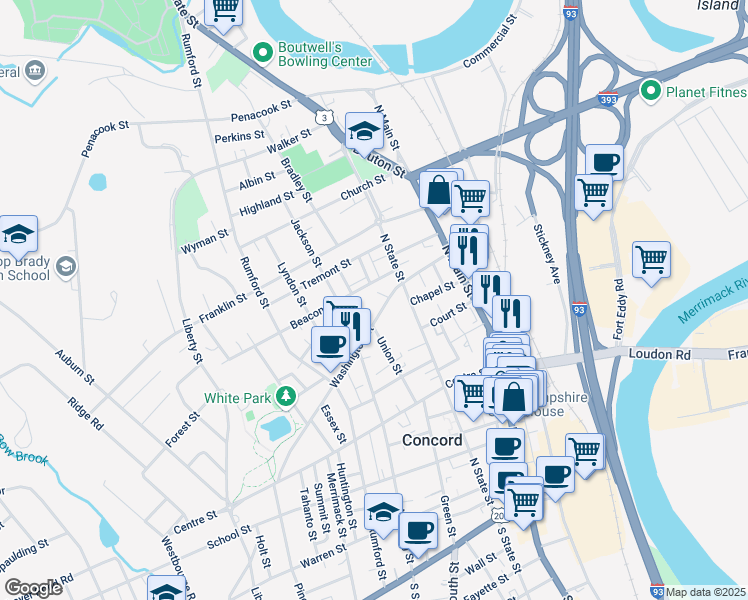 map of restaurants, bars, coffee shops, grocery stores, and more near 46 Washington Street in Concord