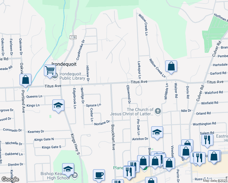 map of restaurants, bars, coffee shops, grocery stores, and more near 500 Bouckhart Avenue in Rochester