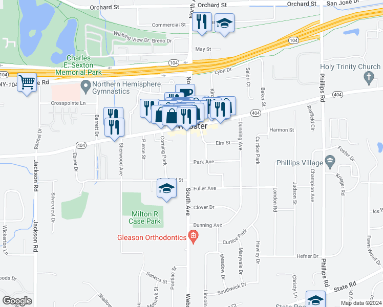 map of restaurants, bars, coffee shops, grocery stores, and more near 54 South Avenue in Webster