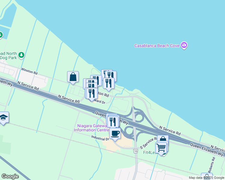 map of restaurants, bars, coffee shops, grocery stores, and more near 10 Esplanade Lane in Grimsby