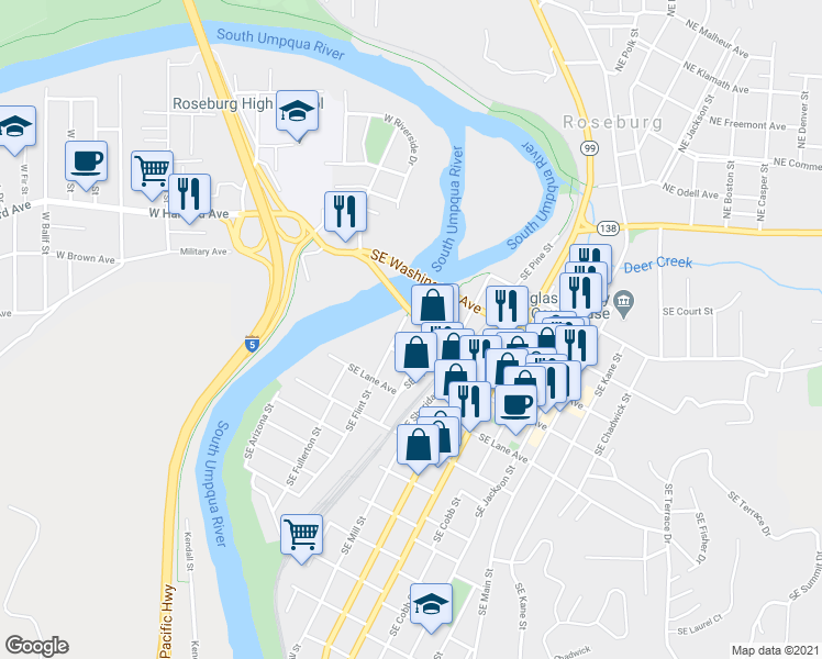 map of restaurants, bars, coffee shops, grocery stores, and more near 633 Southeast Flint Street in Roseburg