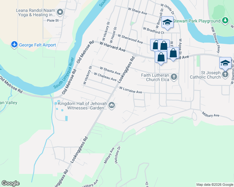 map of restaurants, bars, coffee shops, grocery stores, and more near 1049 Lookingglass Road in Roseburg