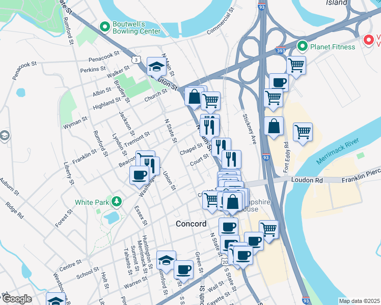 map of restaurants, bars, coffee shops, grocery stores, and more near 11 Chapel Street in Concord