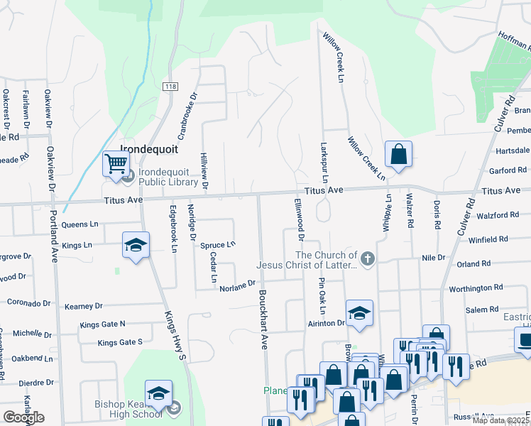 map of restaurants, bars, coffee shops, grocery stores, and more near 500 Bouckhart Avenue in Rochester
