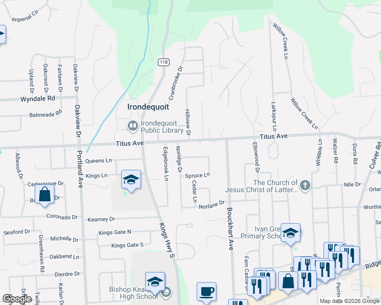 map of restaurants, bars, coffee shops, grocery stores, and more near 161 Spruce Lane in Rochester