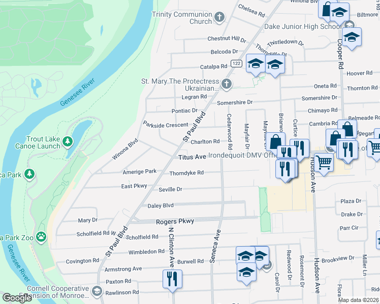 map of restaurants, bars, coffee shops, grocery stores, and more near 220 Titus Avenue in Rochester