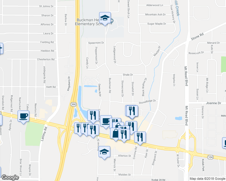 map of restaurants, bars, coffee shops, grocery stores, and more near 228 Buckman Road in Rochester