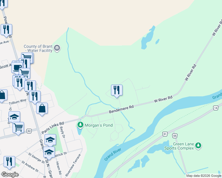 map of restaurants, bars, coffee shops, grocery stores, and more near Postill Street in Brant