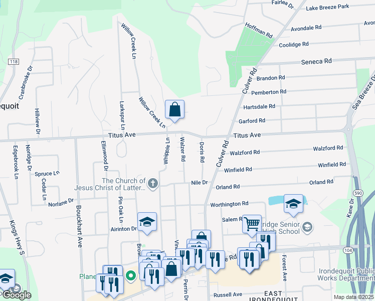 map of restaurants, bars, coffee shops, grocery stores, and more near 360 Walzer Road in Rochester