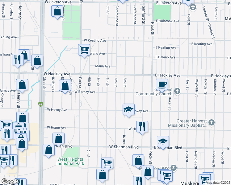 map of restaurants, bars, coffee shops, grocery stores, and more near 2301 6th Street in Muskegon Heights