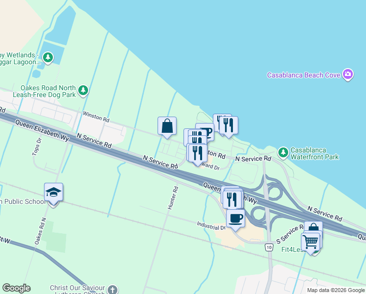 map of restaurants, bars, coffee shops, grocery stores, and more near 442 Winston Road in Grimsby