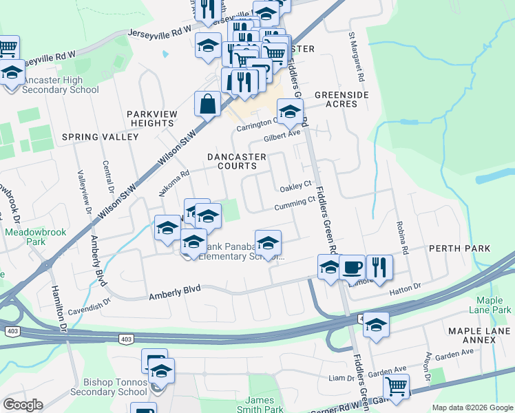 map of restaurants, bars, coffee shops, grocery stores, and more near 252 Crestwood Street in Hamilton