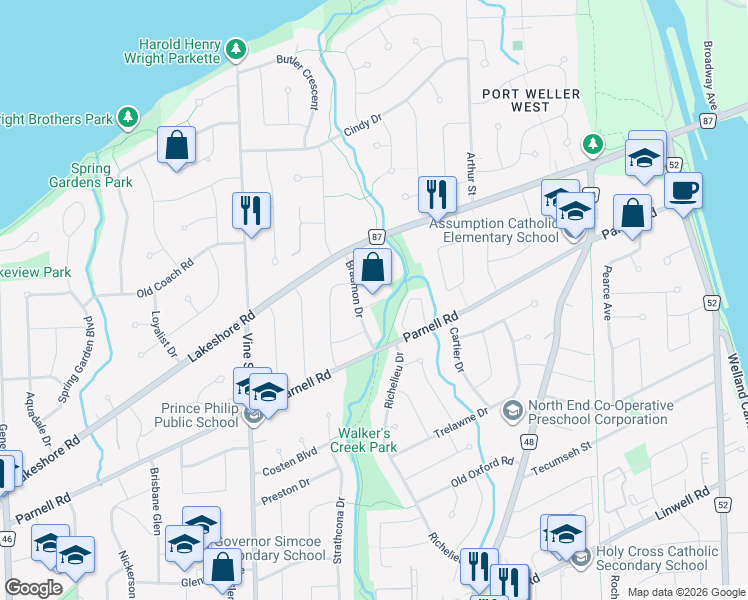 map of restaurants, bars, coffee shops, grocery stores, and more near 20 Bradmon Drive in St. Catharines