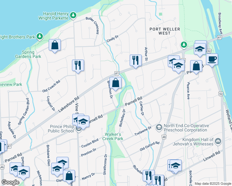 map of restaurants, bars, coffee shops, grocery stores, and more near 20 Bradmon Drive in St. Catharines