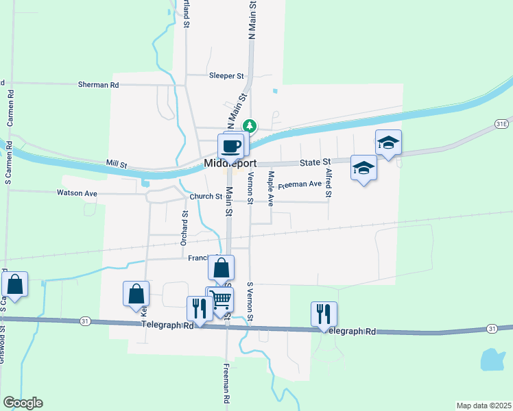 map of restaurants, bars, coffee shops, grocery stores, and more near 8 Park Avenue in Middleport