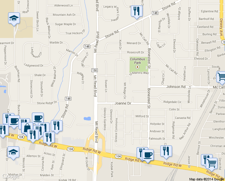 map of restaurants, bars, coffee shops, grocery stores, and more near 436 Mount Ridge Circle in Rochester
