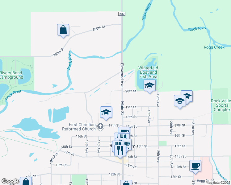 map of restaurants, bars, coffee shops, grocery stores, and more near 1510 20th Street in Rock Valley