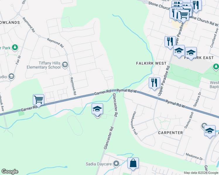 map of restaurants, bars, coffee shops, grocery stores, and more near 1175 Garner Road East in Hamilton