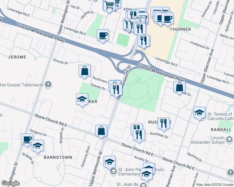 map of restaurants, bars, coffee shops, grocery stores, and more near 1208 Upper Wentworth Street in Hamilton