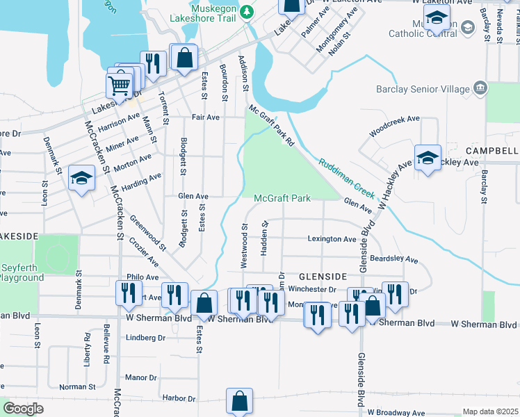 map of restaurants, bars, coffee shops, grocery stores, and more near 2312 Westwood Street in Muskegon