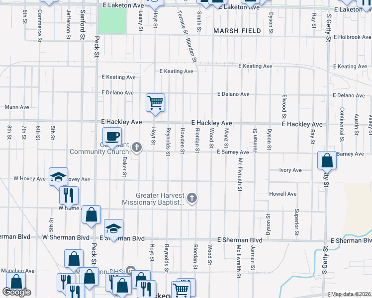 map of restaurants, bars, coffee shops, grocery stores, and more near 2244 Howden Street in Muskegon Heights