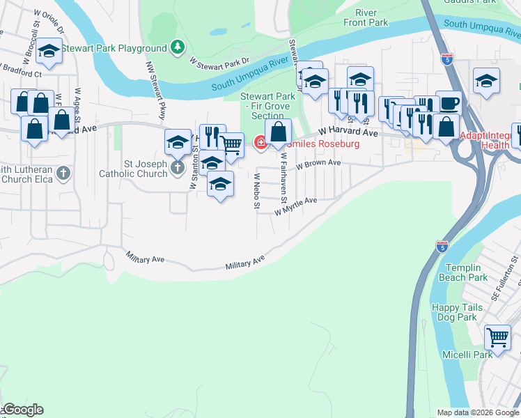 map of restaurants, bars, coffee shops, grocery stores, and more near 947 West Nebo Street in Roseburg