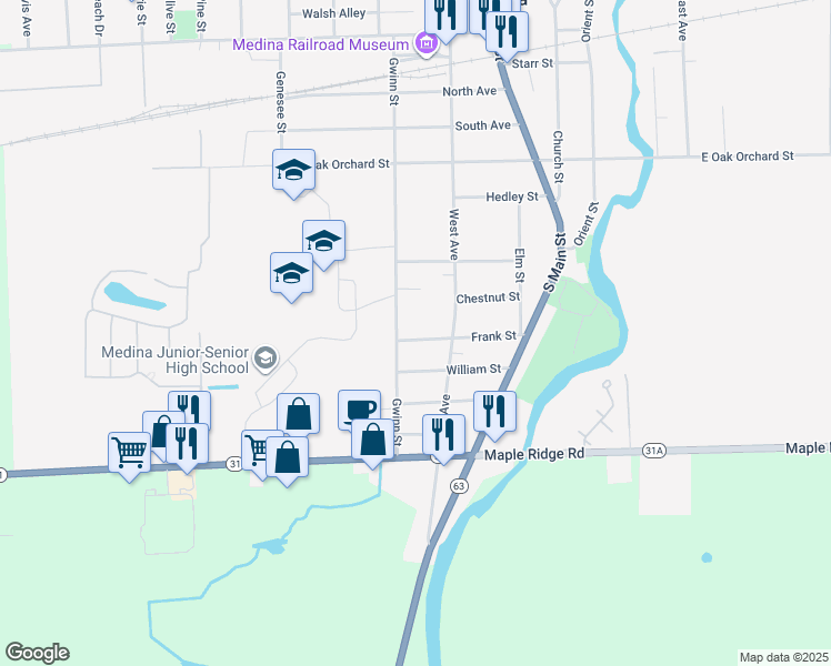 map of restaurants, bars, coffee shops, grocery stores, and more near 214 Frank Street in Medina