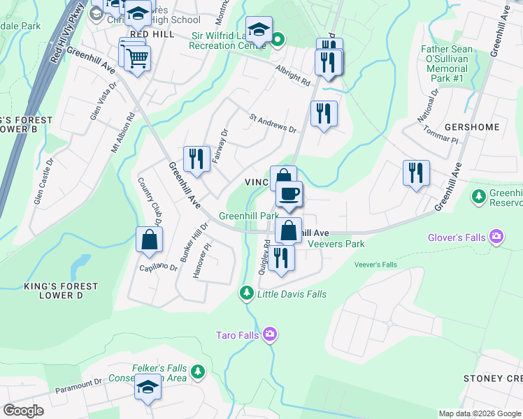 map of restaurants, bars, coffee shops, grocery stores, and more near 350 Quigley Road in Hamilton