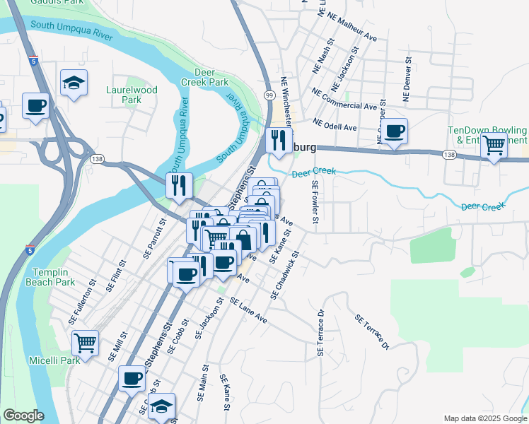 map of restaurants, bars, coffee shops, grocery stores, and more near 402 Southeast Jackson Street in Roseburg