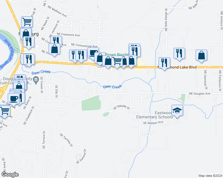 map of restaurants, bars, coffee shops, grocery stores, and more near 1914 Southeast Douglas Avenue in Roseburg