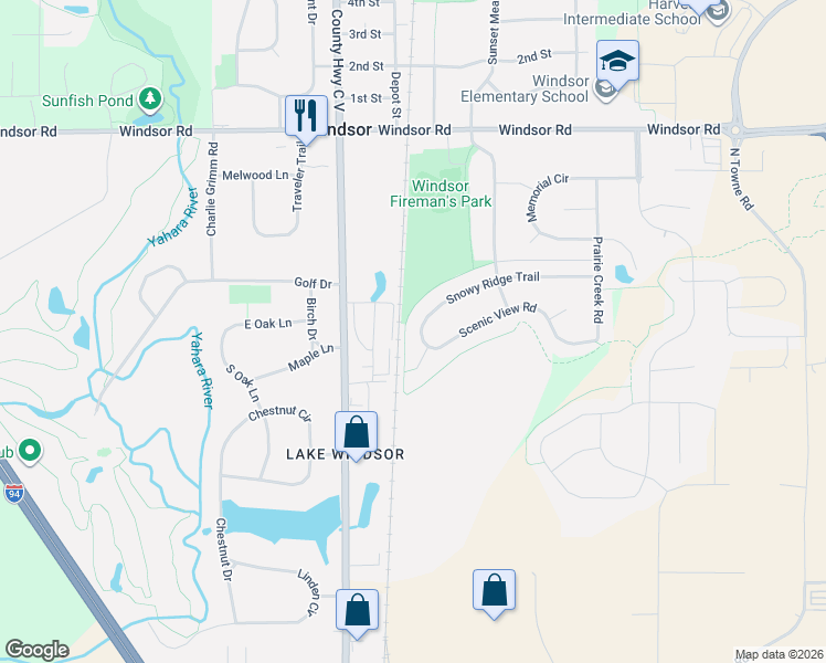 map of restaurants, bars, coffee shops, grocery stores, and more near 4447 Snowy Ridge Trail in Windsor