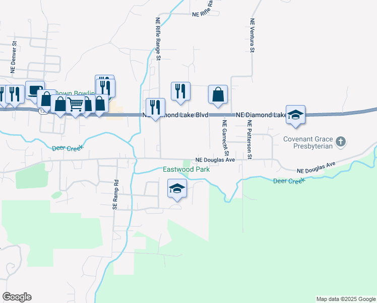 map of restaurants, bars, coffee shops, grocery stores, and more near 2823 Southeast Douglas Avenue in Roseburg