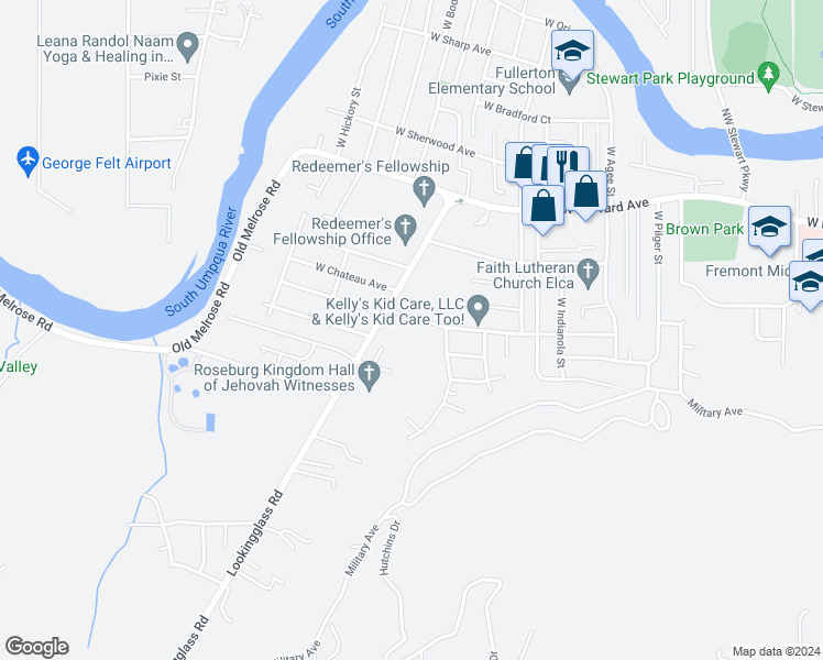 map of restaurants, bars, coffee shops, grocery stores, and more near 2929 West Lorraine Avenue in Roseburg
