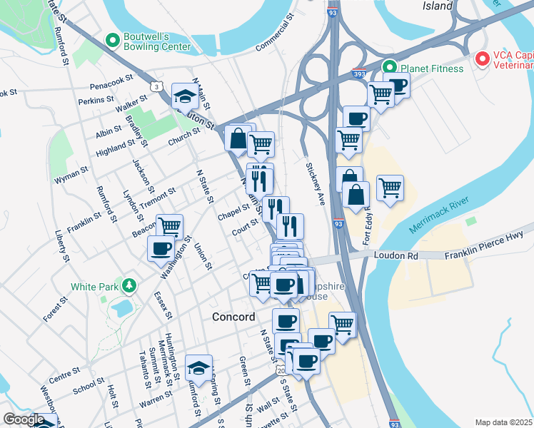 map of restaurants, bars, coffee shops, grocery stores, and more near 163 North Main Street in Concord