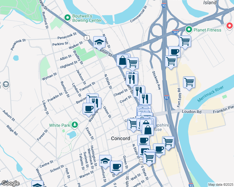 map of restaurants, bars, coffee shops, grocery stores, and more near 105 North State Street in Concord