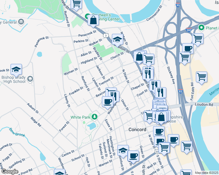 map of restaurants, bars, coffee shops, grocery stores, and more near 22 Beacon Street in Concord