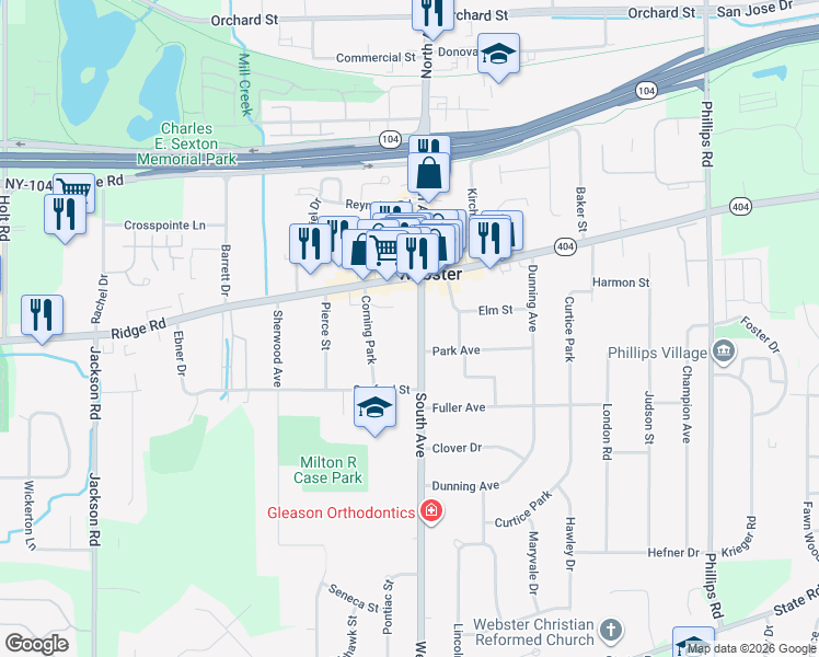map of restaurants, bars, coffee shops, grocery stores, and more near 50 Corning Park in Webster
