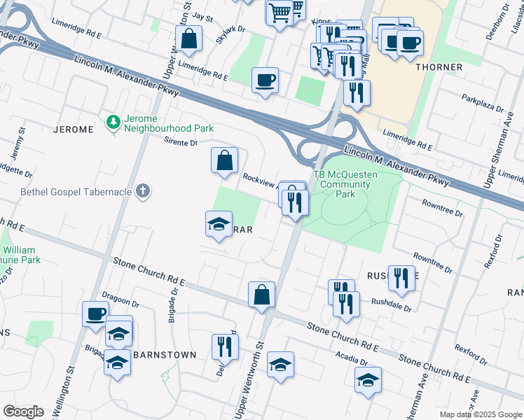 map of restaurants, bars, coffee shops, grocery stores, and more near 22 Latorre Court in Hamilton