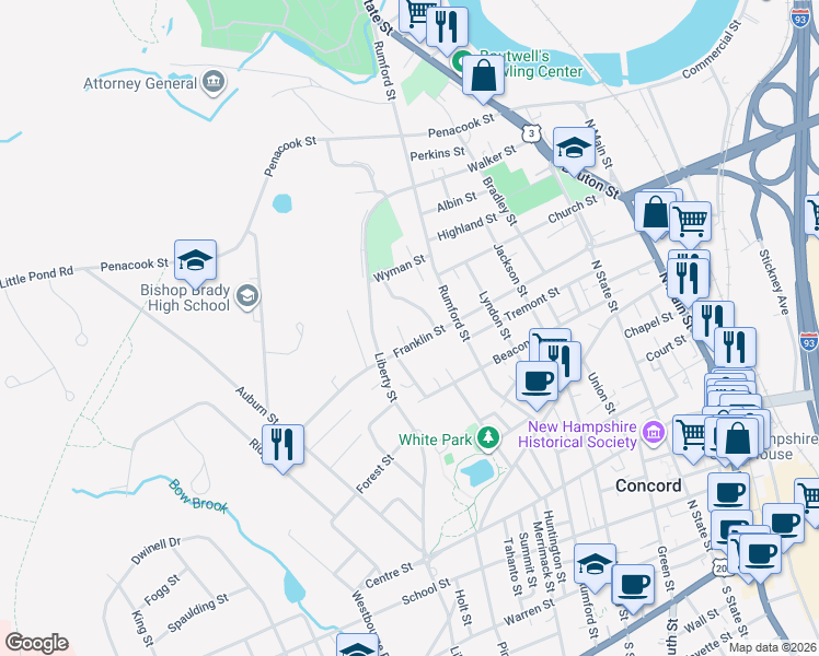 map of restaurants, bars, coffee shops, grocery stores, and more near 60-62 Franklin Street in Concord
