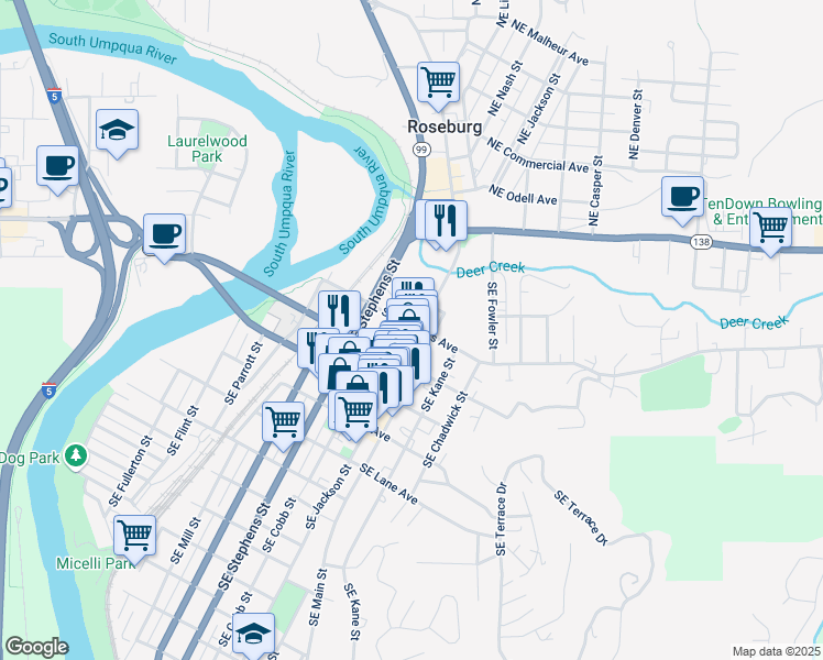 map of restaurants, bars, coffee shops, grocery stores, and more near 841 Southeast Douglas Avenue in Roseburg